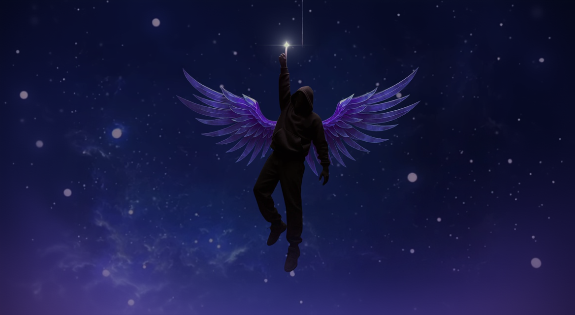 Person with angel wings holding a source of light against a starry night sky